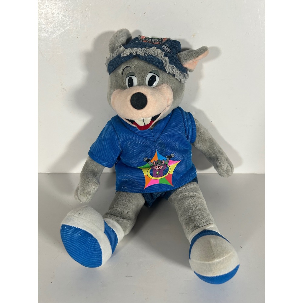Chuck E Cheese Plush 2008 Mascot Mouse Blue Jersey Denim Hat 12 Inch Stuffed Toy